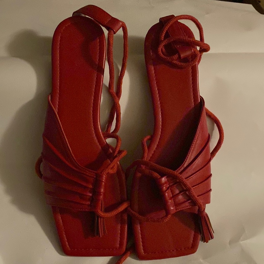 Red sandals ankle wrap sandals